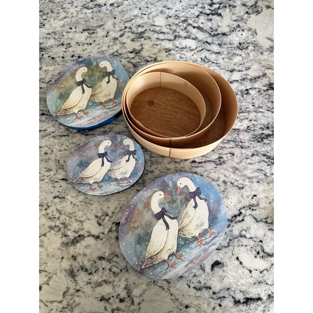 VTG 3 Wooden Oval Shaker Style Nesting Boxes Trinkets Geese W/Blue Ribbons